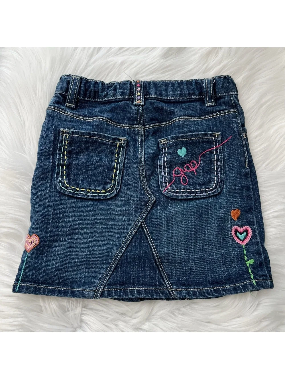 Gap Kids Embroidered Heart Flower Denim Skirt Girls 5 Adjustable Waist Cute